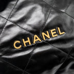 CHANEL MEDIUM 22 BAG GOLD LETTER SHINY CALFSKIN BLACK GHW (MICROCHIP)