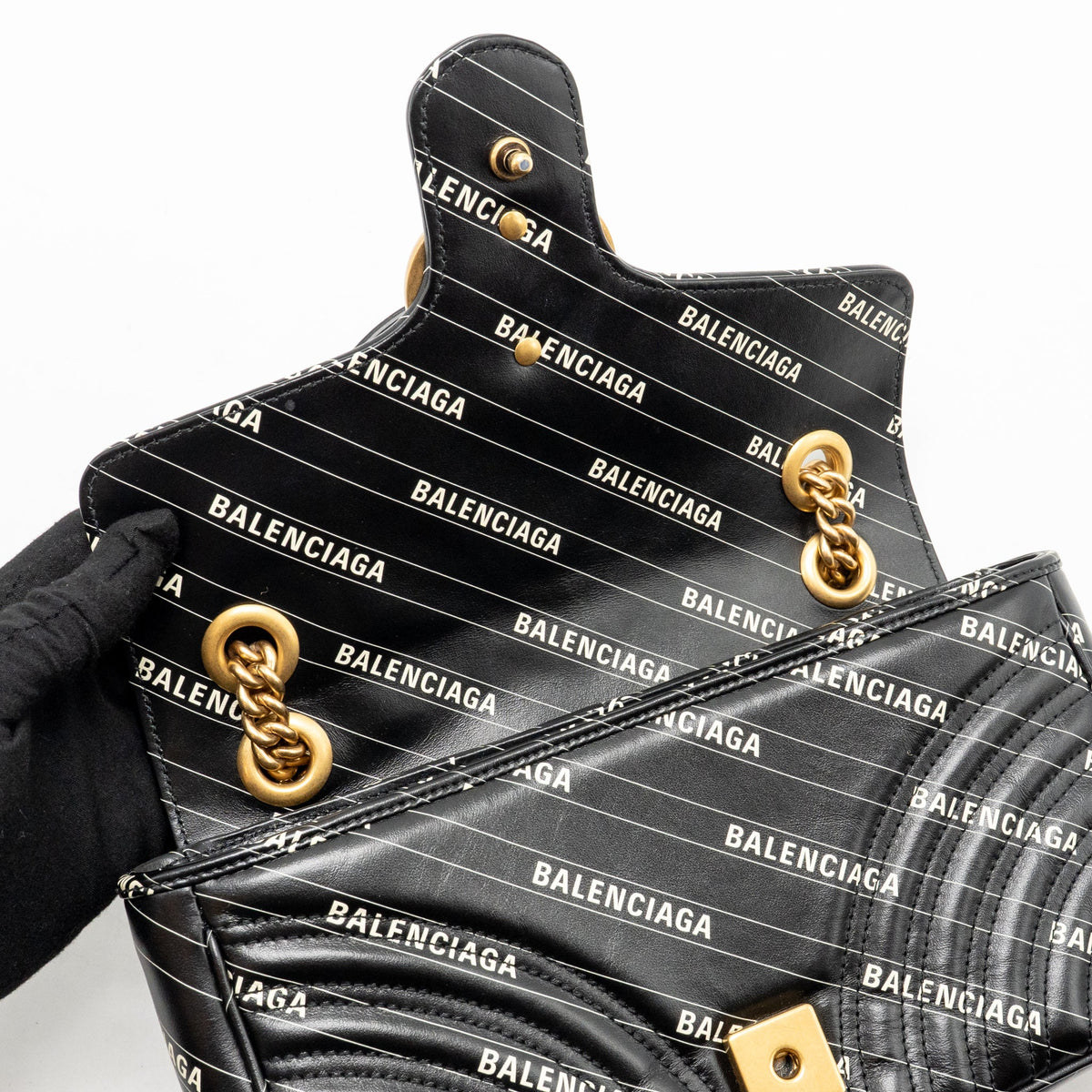 Gucci x Balenciaga The Hacker Project Small GG Marmont Bag Chevron Leather Black/White GHW
