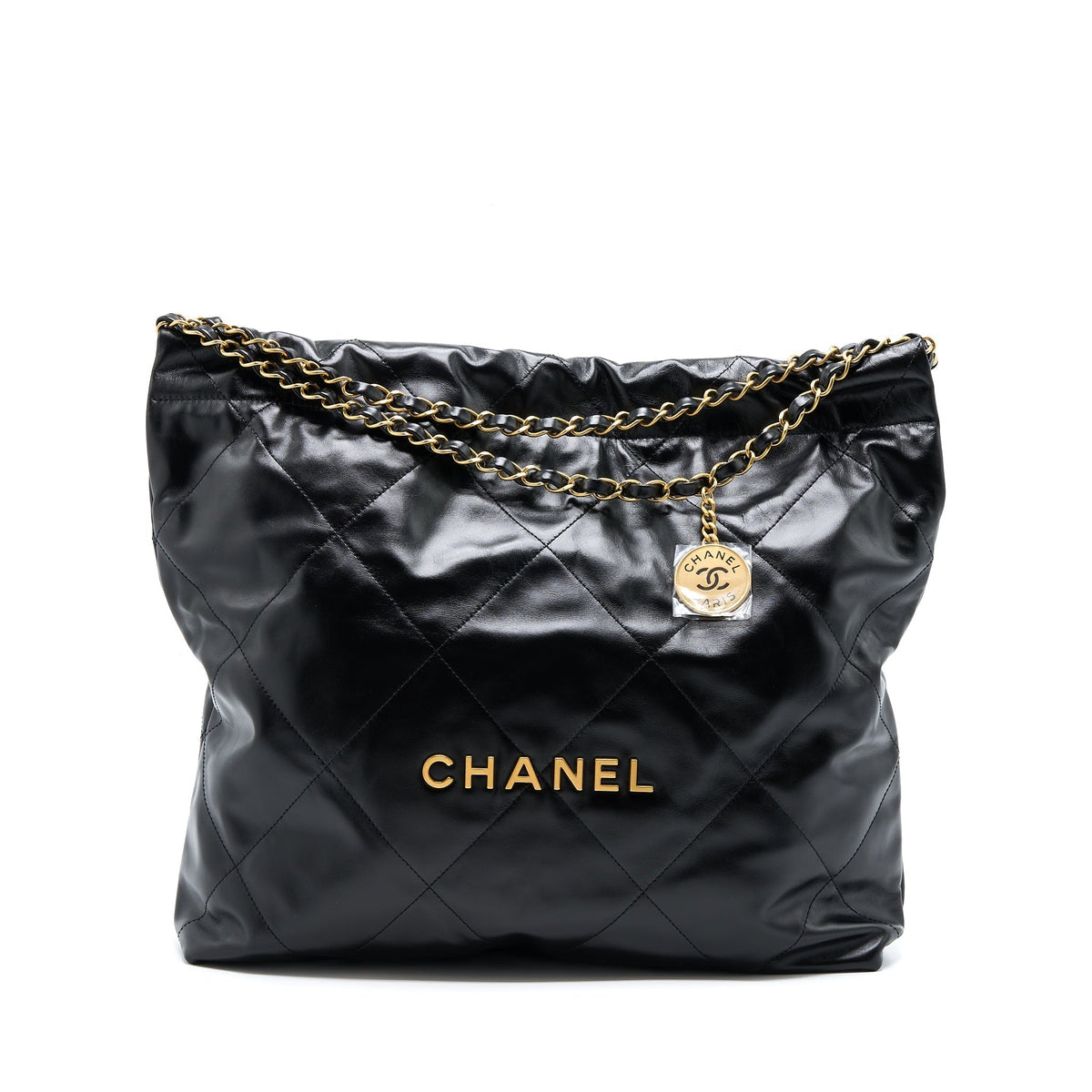 CHANEL MEDIUM 22 BAG SHINY CALFSKIN BLACK GHW (MICROCHIP)