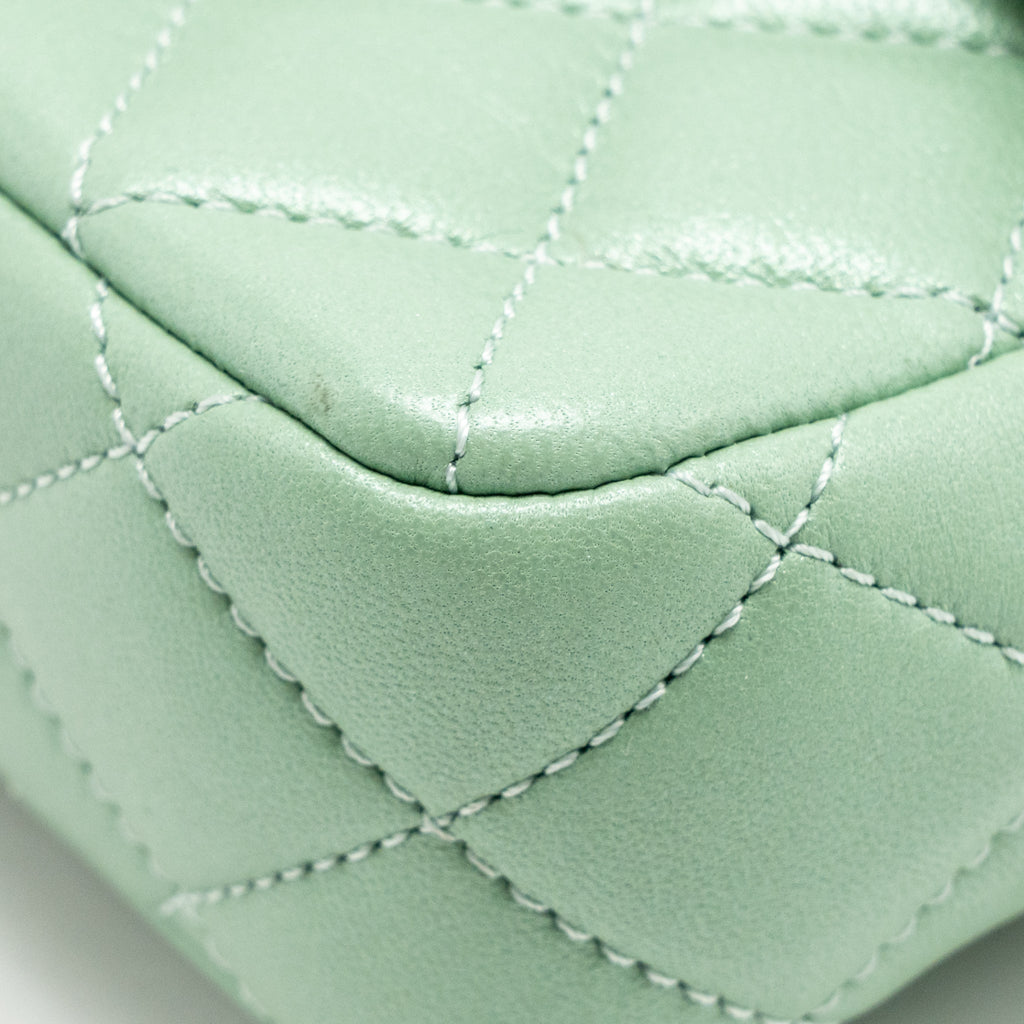Chanel square flap bag candy heart quilted lambskin light green LGHW (microchip)