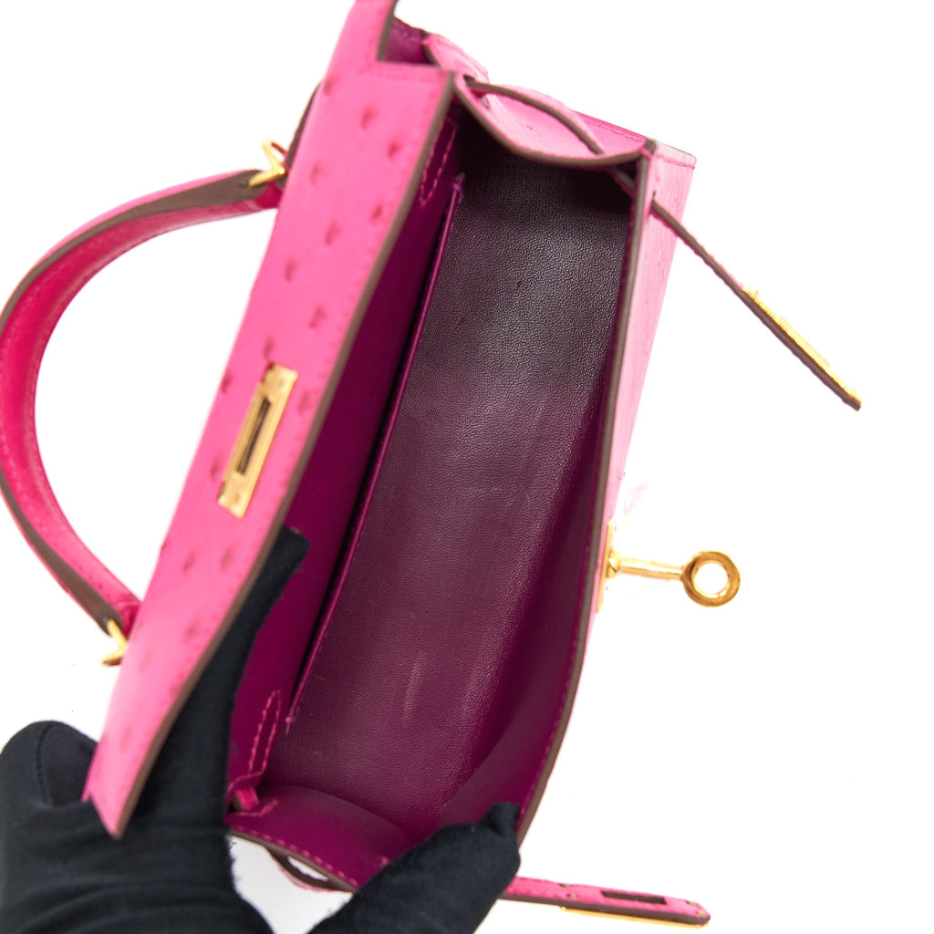 Hermes Mini Kelly Sellier Special Order Ostrich 5J Fuchsia Pink/Purple GHW