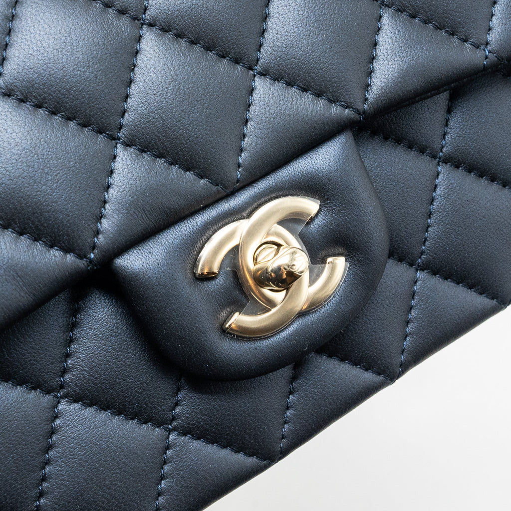 CHANEL TOP HANDLE MINI RECTANGULAR FLAP BAG LAMBSKIN NAVY LGHW (MICROCHIP)