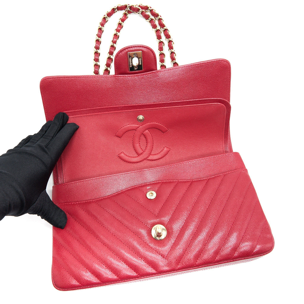 CHANEL MEDIUM CLASSIC DOUBLE FLAP CAVIAR RASPBERRY RED WITH LGHW