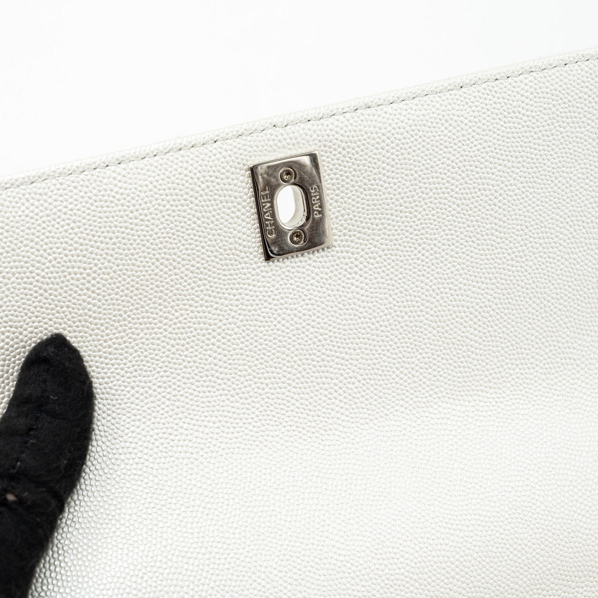 CHANEL CHEVRON SMALL COCO HANDLE CAVIAR IRIDESCENT WHITE SHW