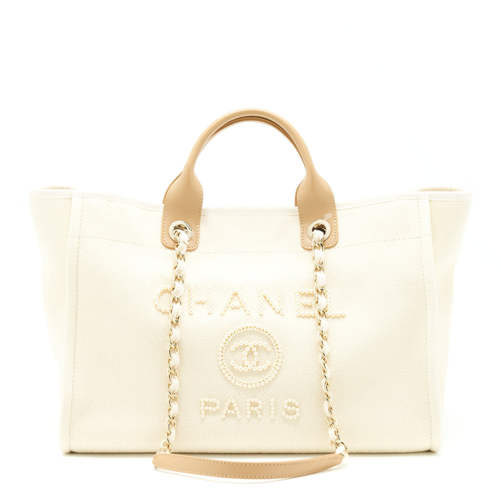 CHANEL DEAUVILLE TOTE BAG CANVAS LIGHT BEIGE LGHW