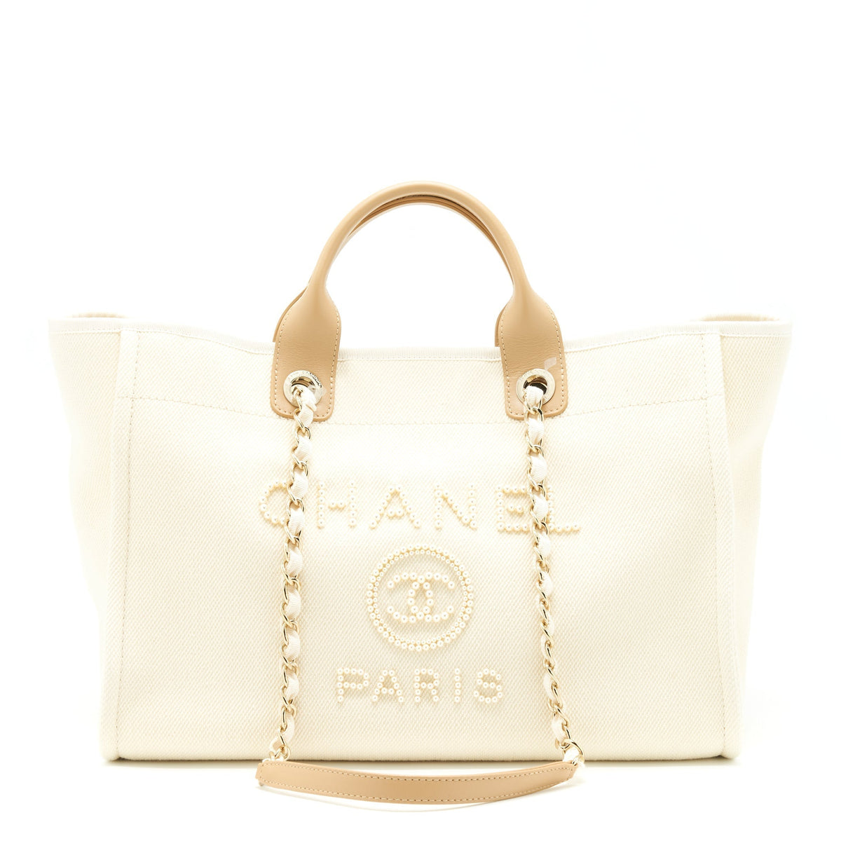 CHANEL DEAUVILLE TOTE BAG CANVAS LIGHT BEIGE LGHW