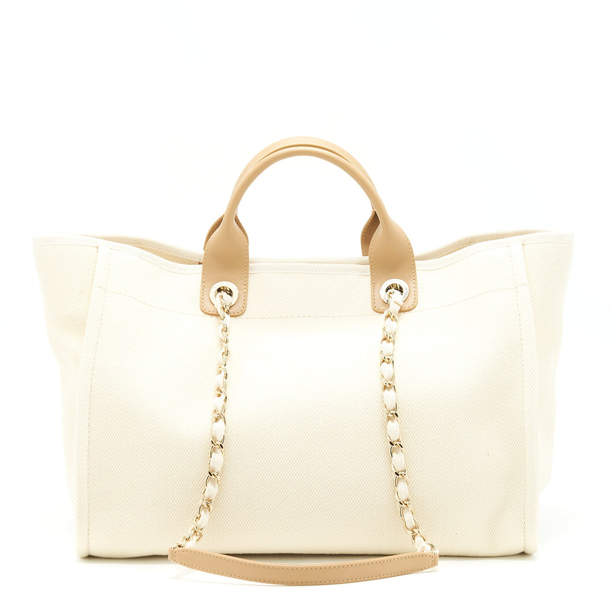 CHANEL DEAUVILLE TOTE BAG CANVAS LIGHT BEIGE LGHW