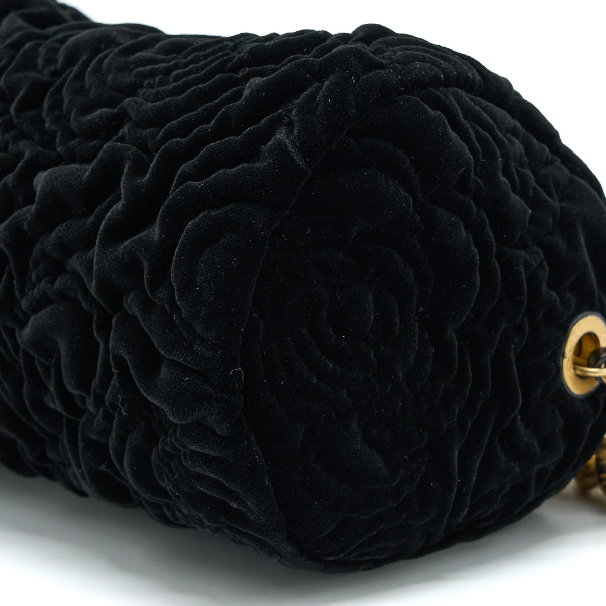 CHANEL MINI BOSTON BAG WITH CHAIN CAMELLIA VELVET BLACK GHW (MICROCHIP)