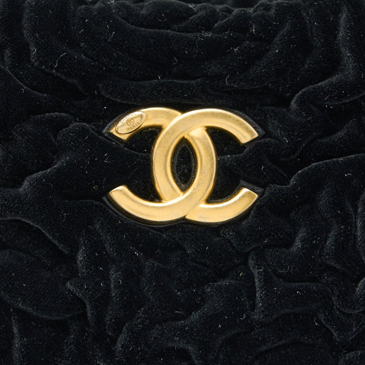 CHANEL MINI BOSTON BAG WITH CHAIN CAMELLIA VELVET BLACK GHW (MICROCHIP)