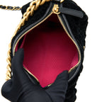 CHANEL MINI BOSTON BAG WITH CHAIN CAMELLIA VELVET BLACK GHW (MICROCHIP)