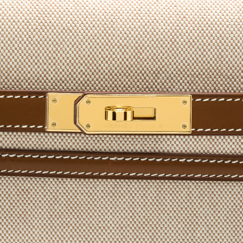 Hermes Pochette Kelly Depeches 25 Canvas and Barenia, Ecru/ Beige / Fauve GHW