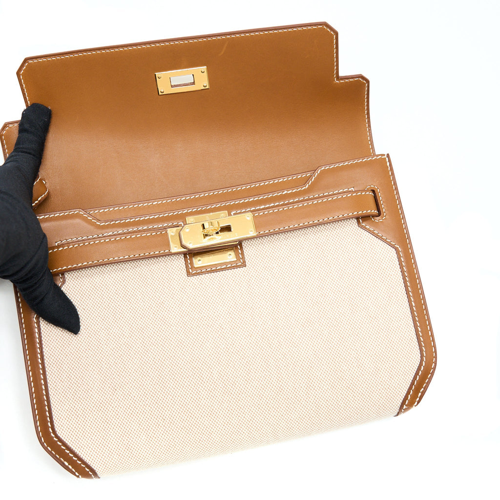 Hermes Pochette Kelly Depeches 25 Canvas and Barenia, Ecru/ Beige / Fauve GHW