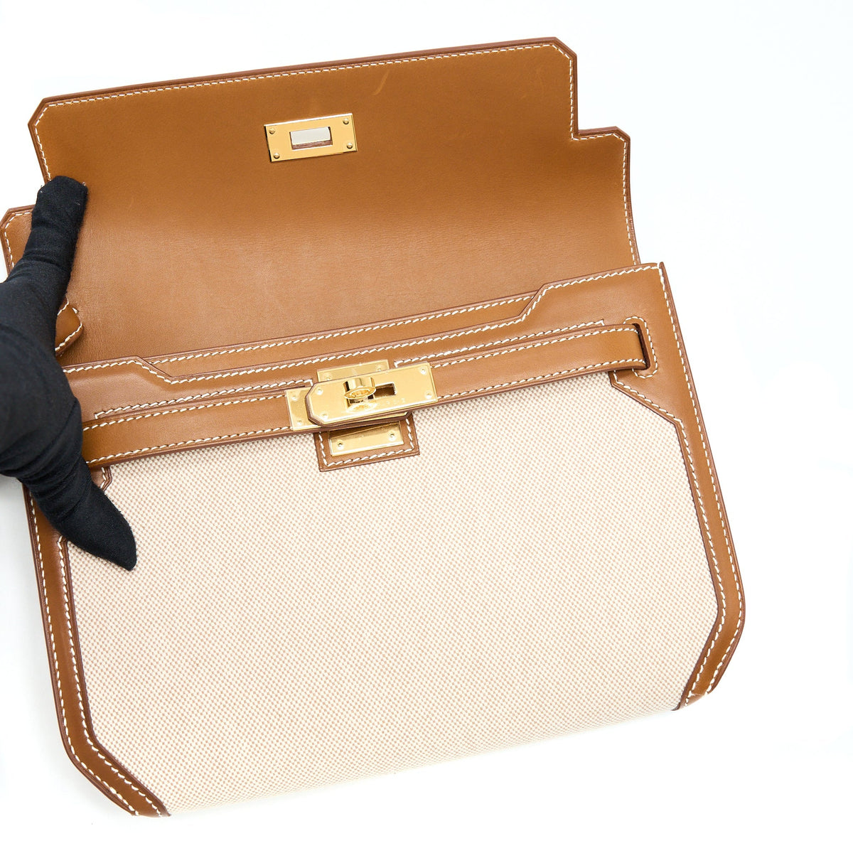 Hermes Pochette Kelly Depeches 25 Canvas and Barenia, Ecru/ Beige / Fauve GHW