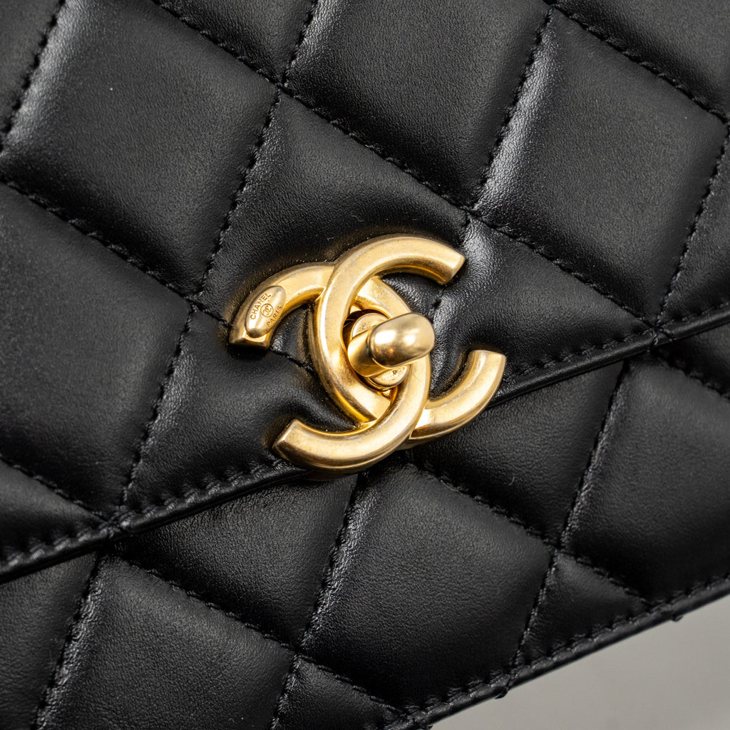 CHANEL GOLD CRUSH MINI FLAP BAG SHINY CALFSKIN BLACK GHW (MICROCHIP)