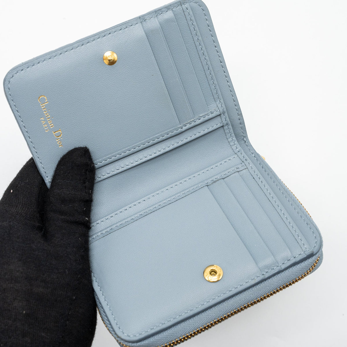 DIOR CARO SCARLET ZIPPED WALLET CANNAGE CALFSKIN CLOUD BLUE GHW