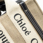 CHLOE WOODY MINI TOTE BAG CANVAS BEIGE/BLACK