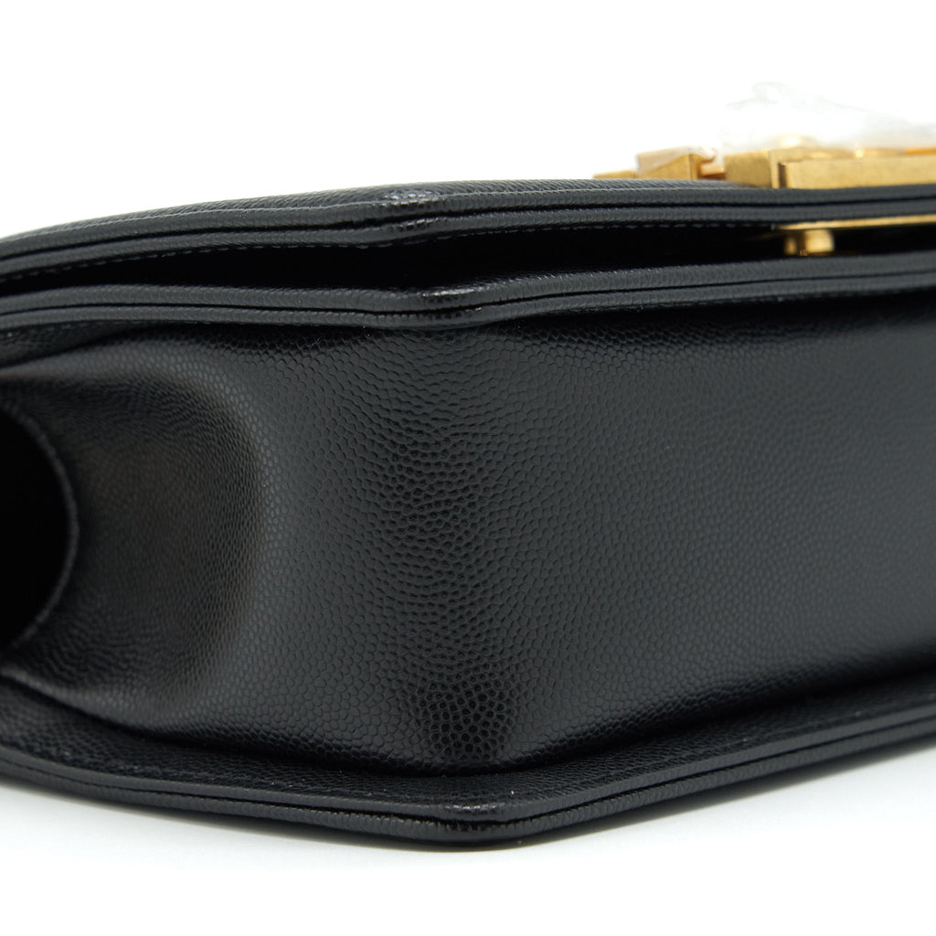 CHANEL SMALL BOY BAG CAVIAR BLACK BRUSHED GHW (MICROCHIP)