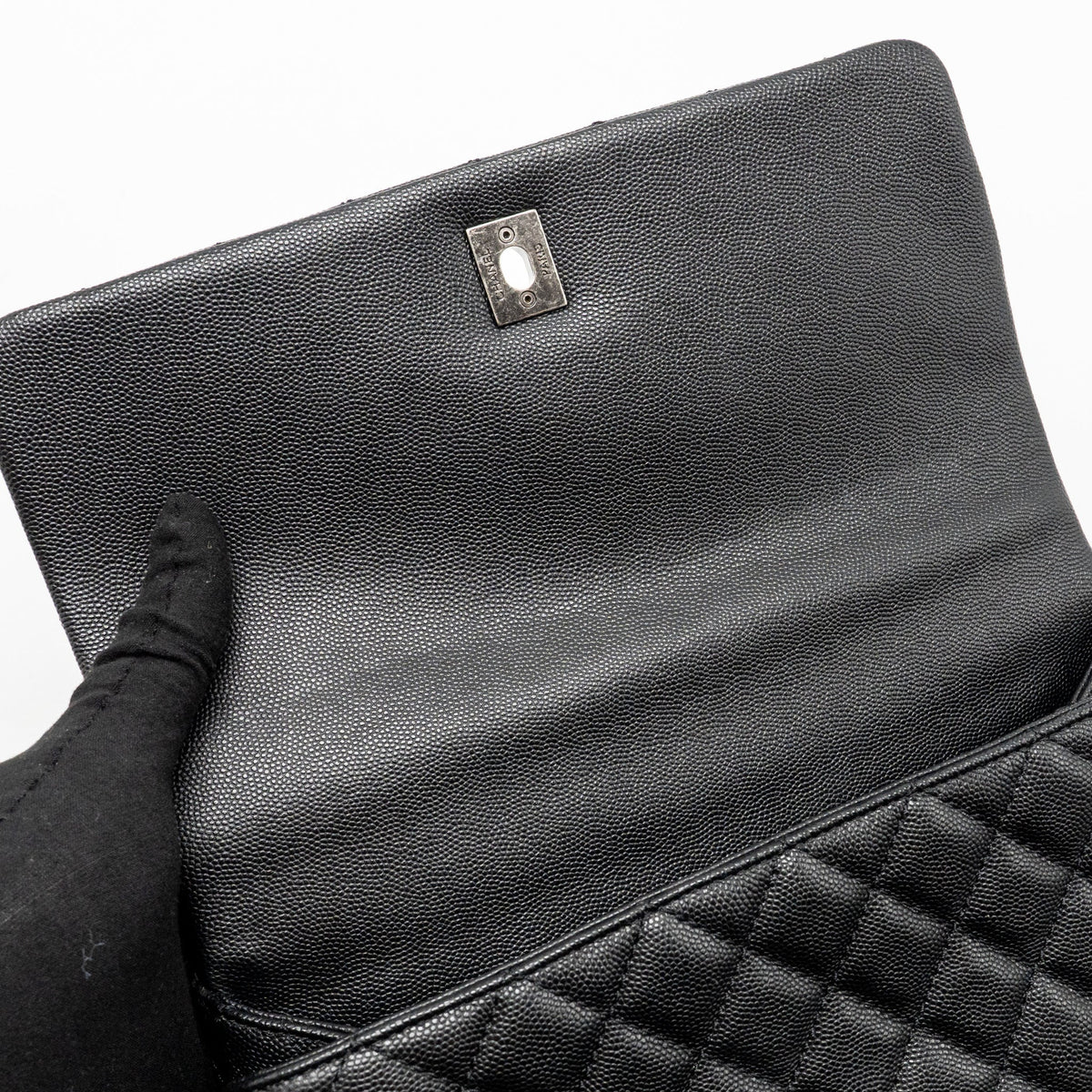 CHANEL MEDIUM COCO HANDLE CAVIAR/LIZARD HANDLE BLACK/BURGUNDY RUTHENIUM HARDWARE