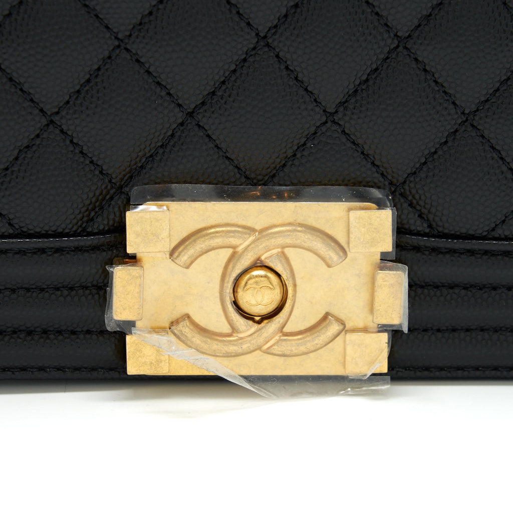 CHANEL SMALL BOY BAG CAVIAR BLACK BRUSHED GHW (MICROCHIP)