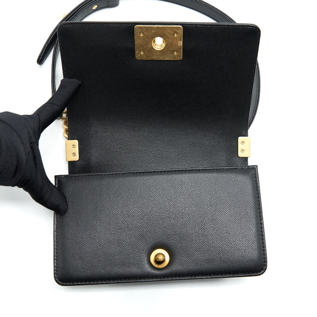 CHANEL SMALL BOY BAG CAVIAR BLACK BRUSHED GHW (MICROCHIP)