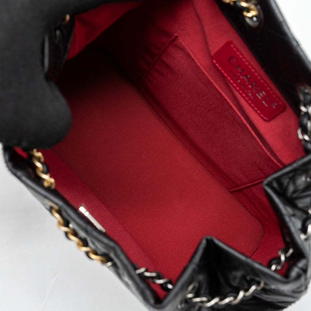 CHANEL SMALL GABRIELLE BACKPACK AGED CALFSKIN BLACK RUTHENIUM HARDWARE (MICROCHIP)