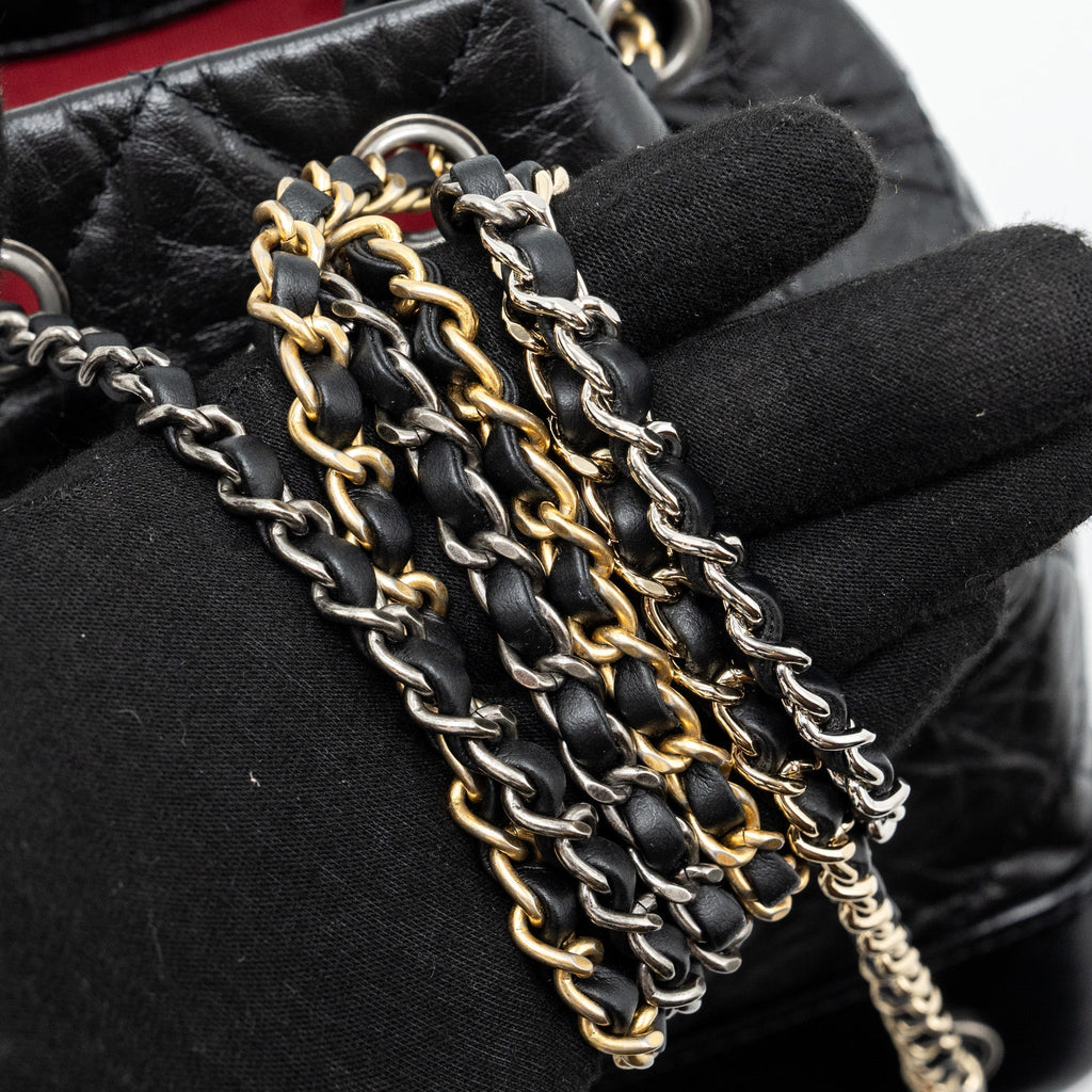 CHANEL SMALL GABRIELLE BACKPACK AGED CALFSKIN BLACK RUTHENIUM HARDWARE (MICROCHIP)