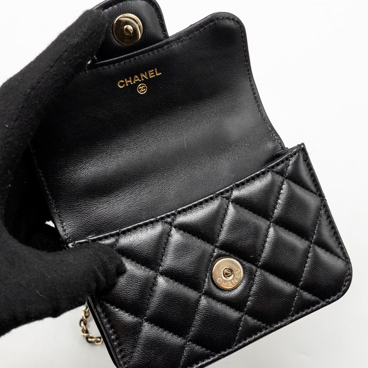 CHANEL MINI TOP HANDLE FLAP COIN PURSE WITH CHAIN LAMBSKIN BLACK LGHW