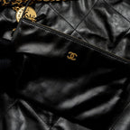 CHANEL MEDIUM 22 BAG GOLD LETTER SHINY CALFSKIN BLACK BRUSHED GHW (MICROCHIP)
