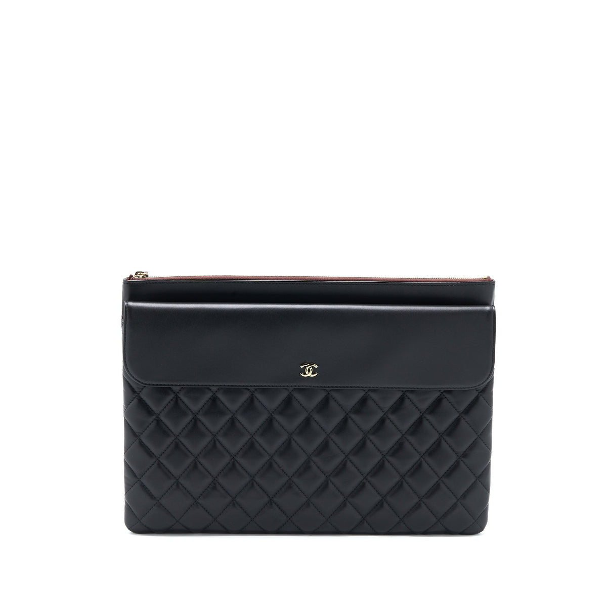 CHANEL QUILTED ZIP AND FLAP POUCH/CLUTCH LARGE MODEL LAMBSKIN BLACK LGHW