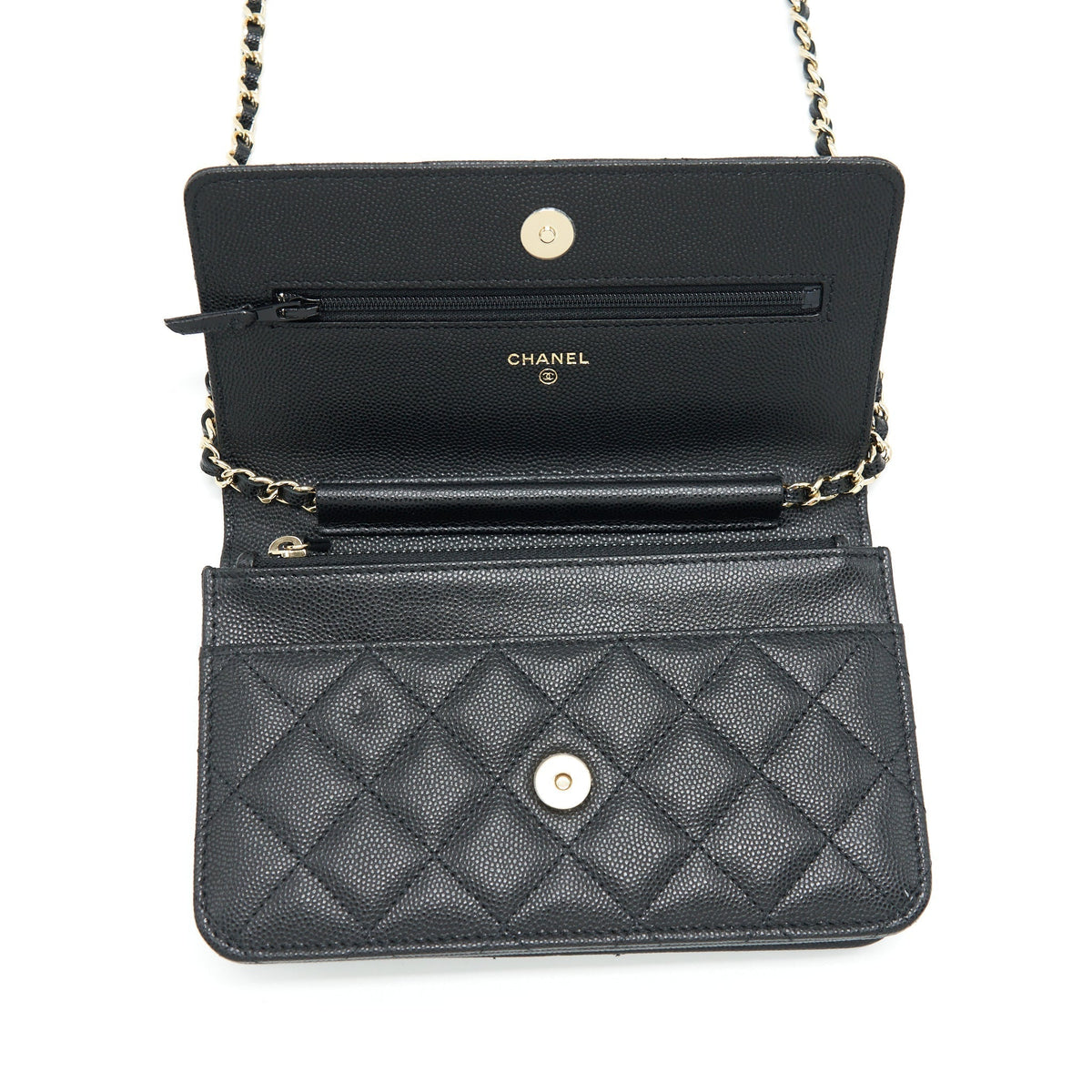 CHANEL 22S DETAILED LOGO WALLET ON CHAIN CAVIAR BLACK LGHW