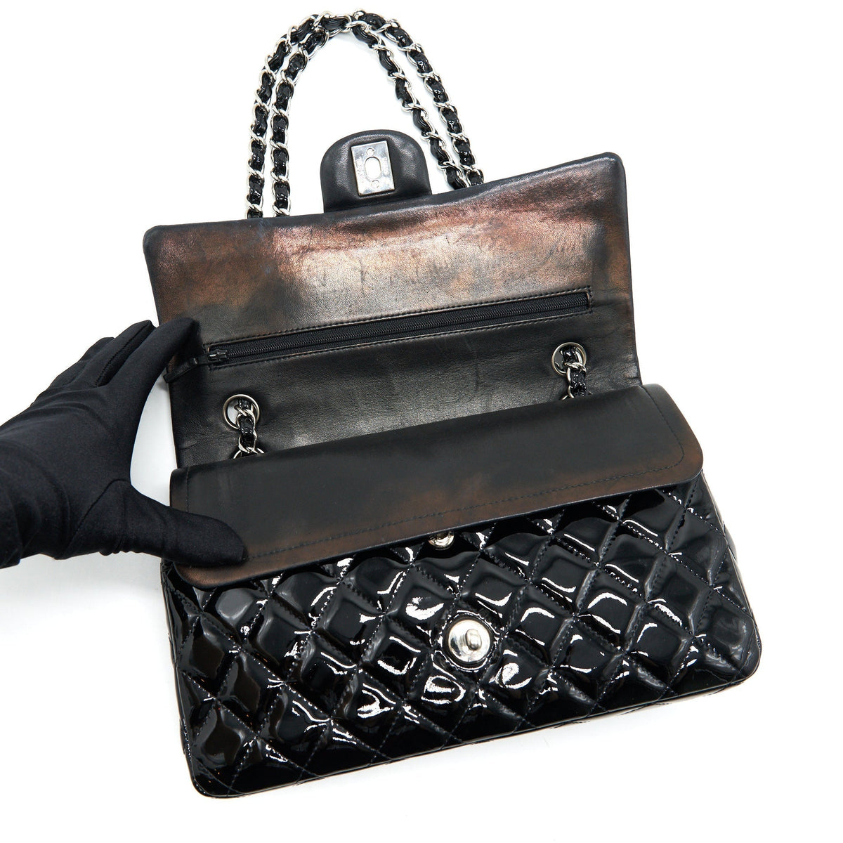 CHANEL PATENT LEATHER MEDIUM CLASSIC DOUBLE FLAP BAG BLACK SHW