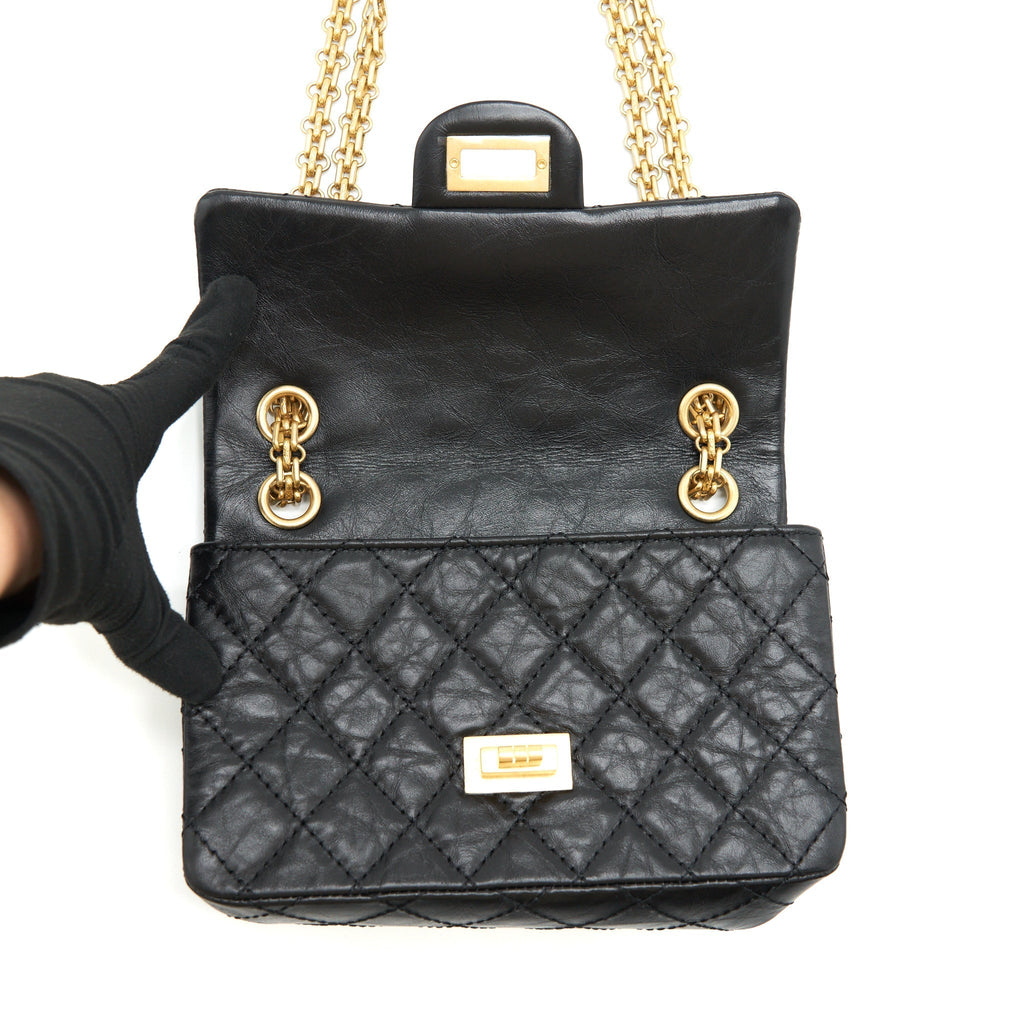 CHANEL MINI 2.55 REISSUE FLAP BAG AGED CALFSKIN BLACK BRUSHED GHW (MICROCHIP)