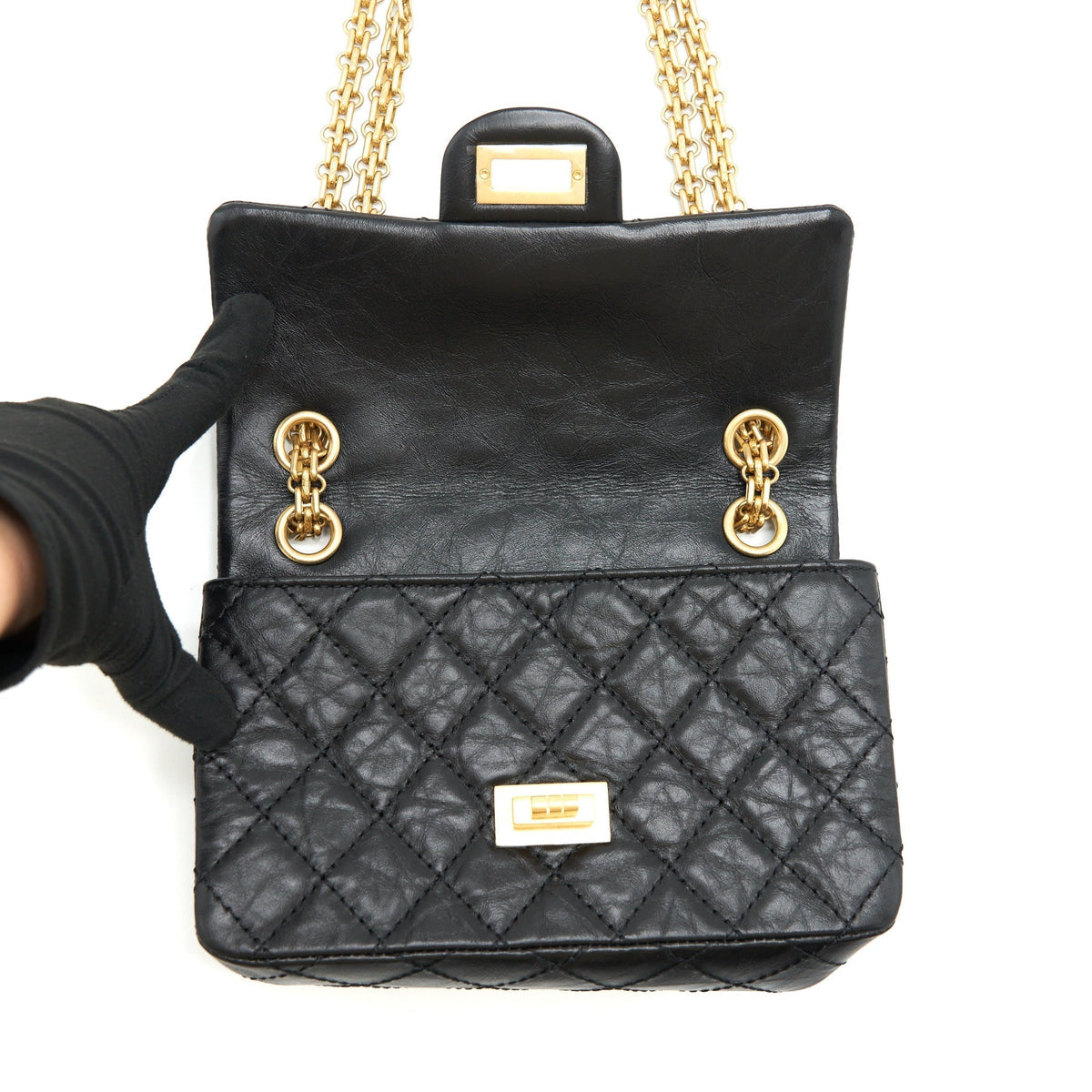 CHANEL MINI 2.55 REISSUE FLAP BAG AGED CALFSKIN BLACK BRUSHED GHW (MICROCHIP)