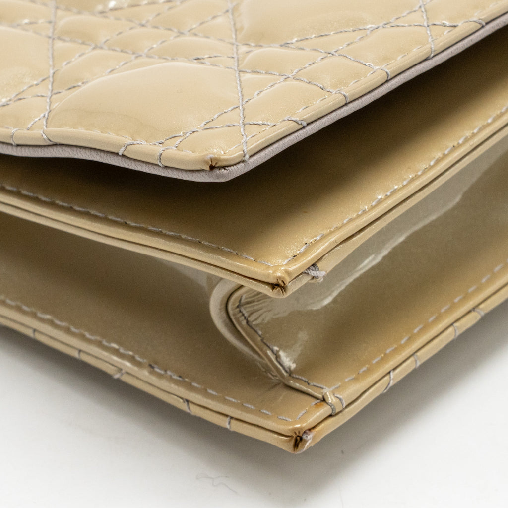 Dior Cannane Quilted Lady Dior Chain Clutch Patent Beige SHW