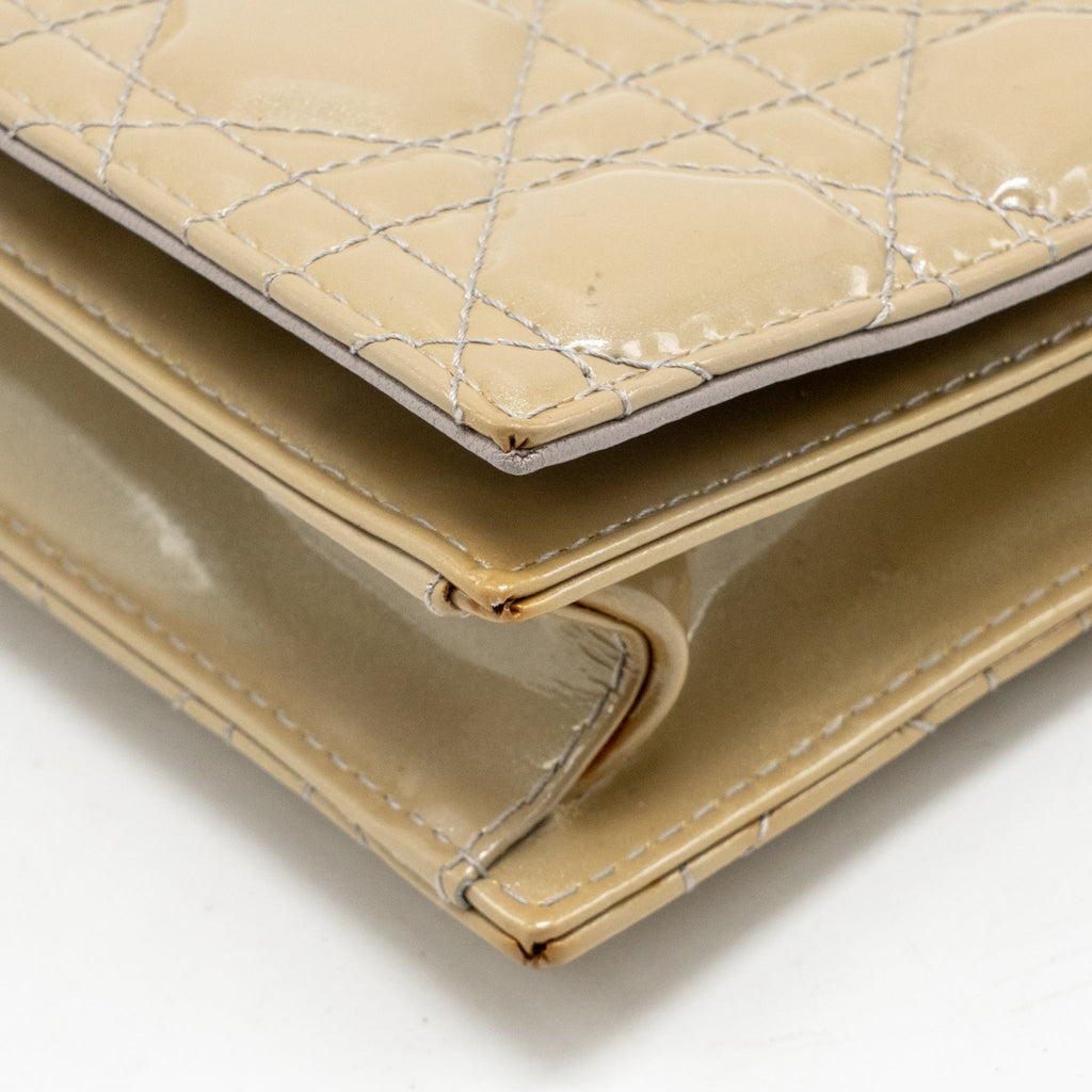 Dior Cannane Quilted Lady Dior Chain Clutch Patent Beige SHW