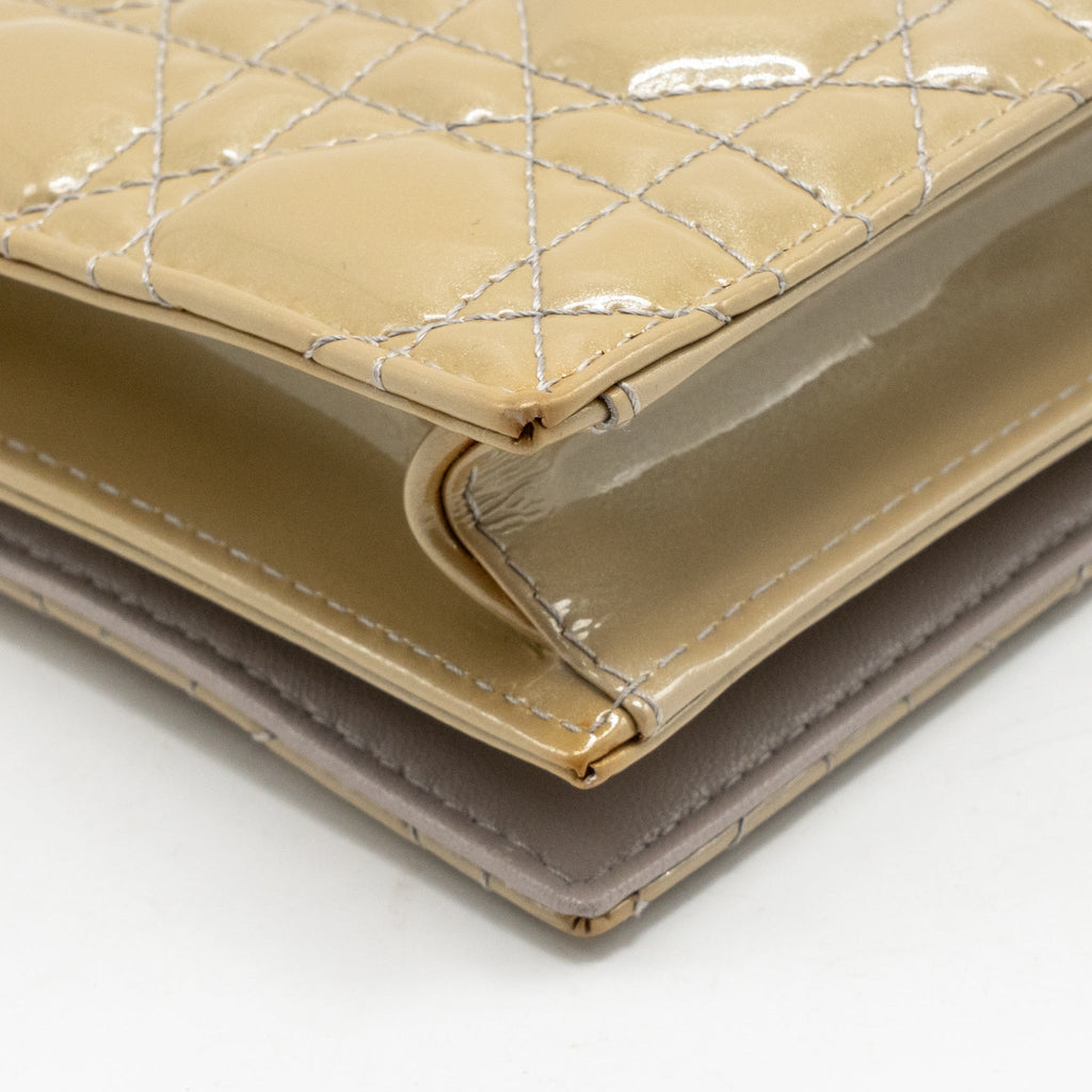 Dior Cannane Quilted Lady Dior Chain Clutch Patent Beige SHW