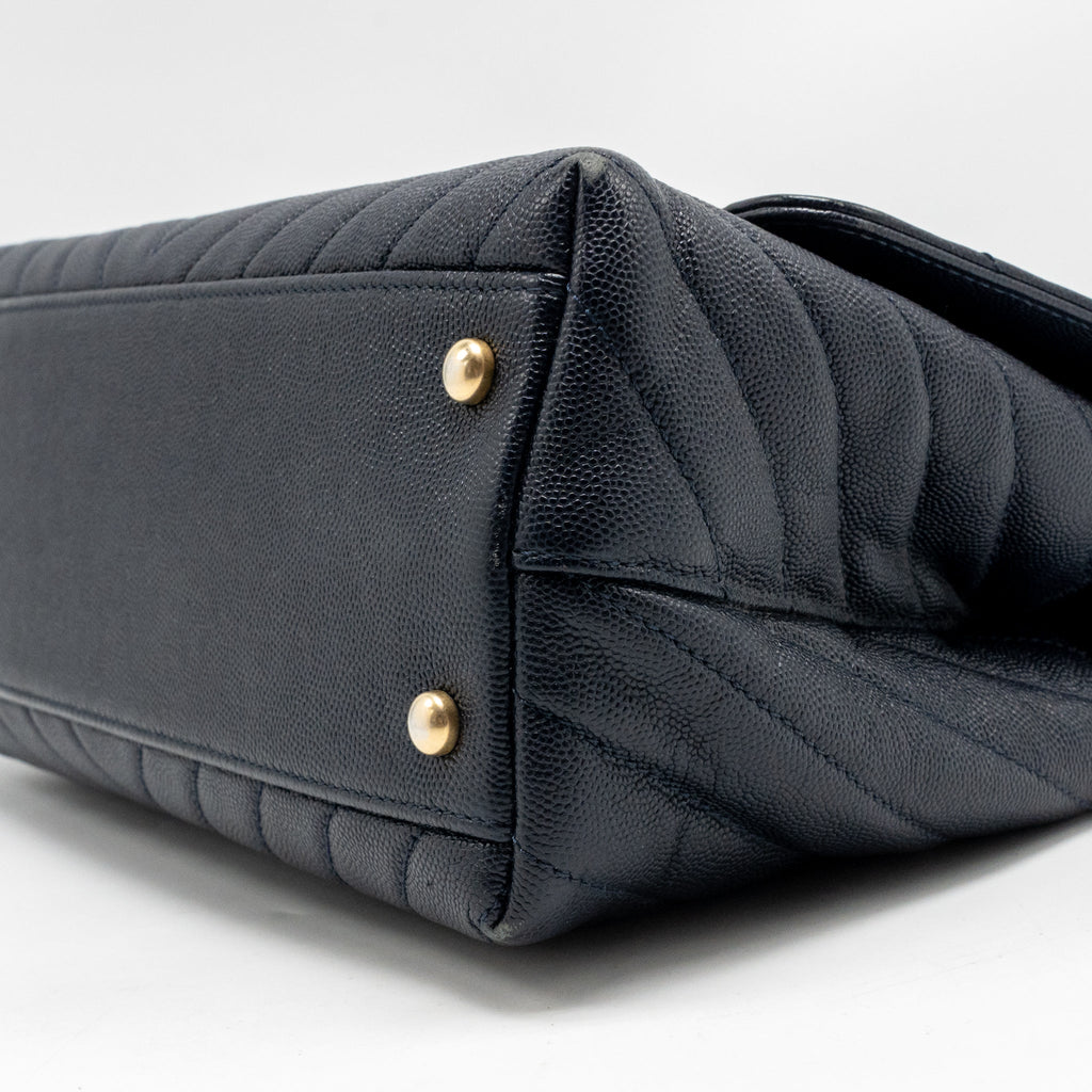 Chanel Medium Chevron Coco Handle Bag Caviar with Lizard Handle Navy GHW