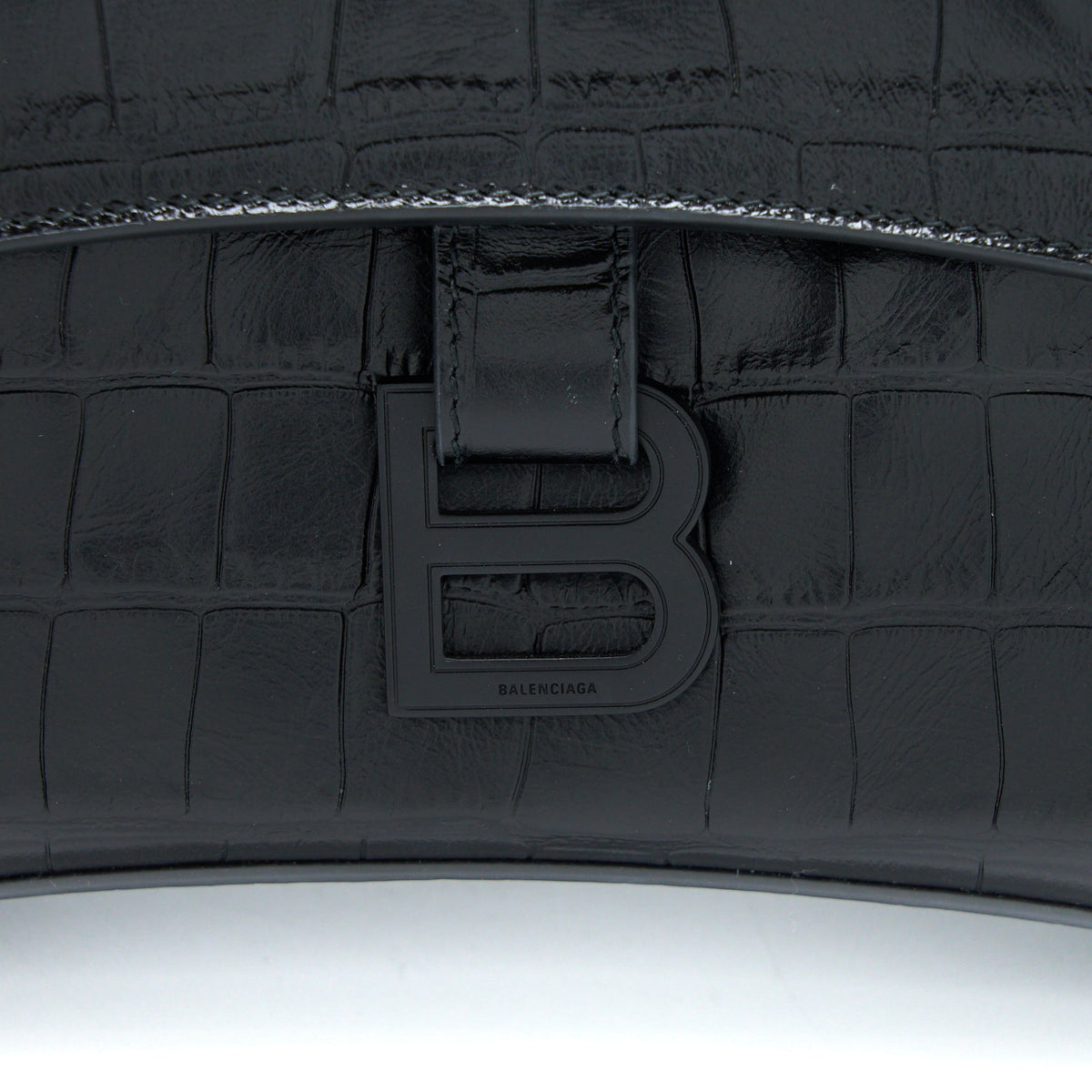 BALENCIAGA SMALL DOWNTOWN SHOULDER BAG CROC EMBOSSED LEATHER BLACK WITH BLACK HARDWARE