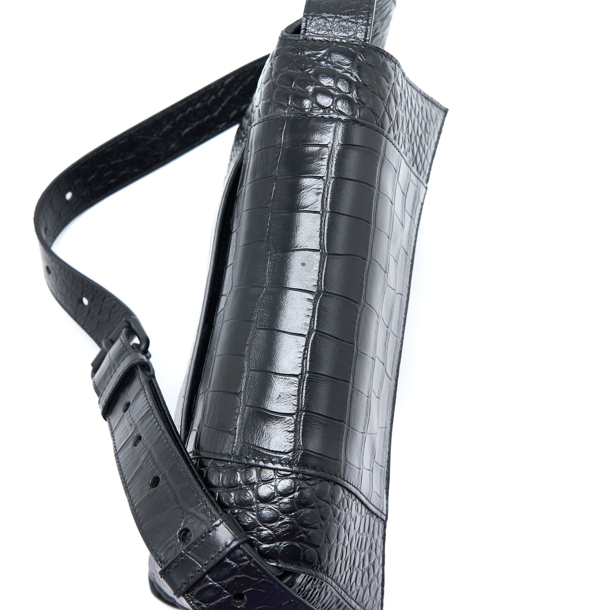 BALENCIAGA SMALL DOWNTOWN SHOULDER BAG CROC EMBOSSED LEATHER BLACK WITH BLACK HARDWARE