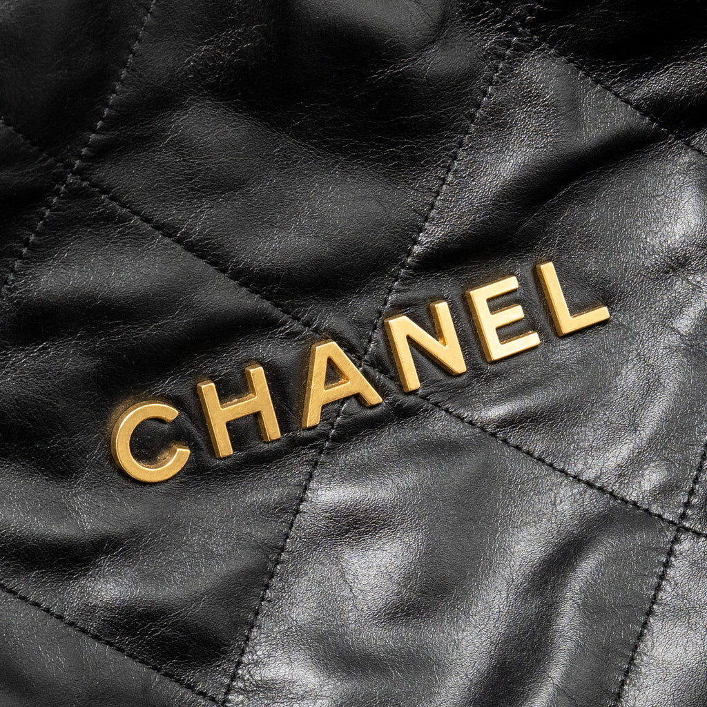 CHANEL SMALL 22 BAG GOLD LETTER SHINY CALFSKIN BLACK GHW (MICROCHIP)