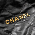 CHANEL SMALL 22 BAG GOLD LETTER SHINY CALFSKIN BLACK GHW (MICROCHIP)