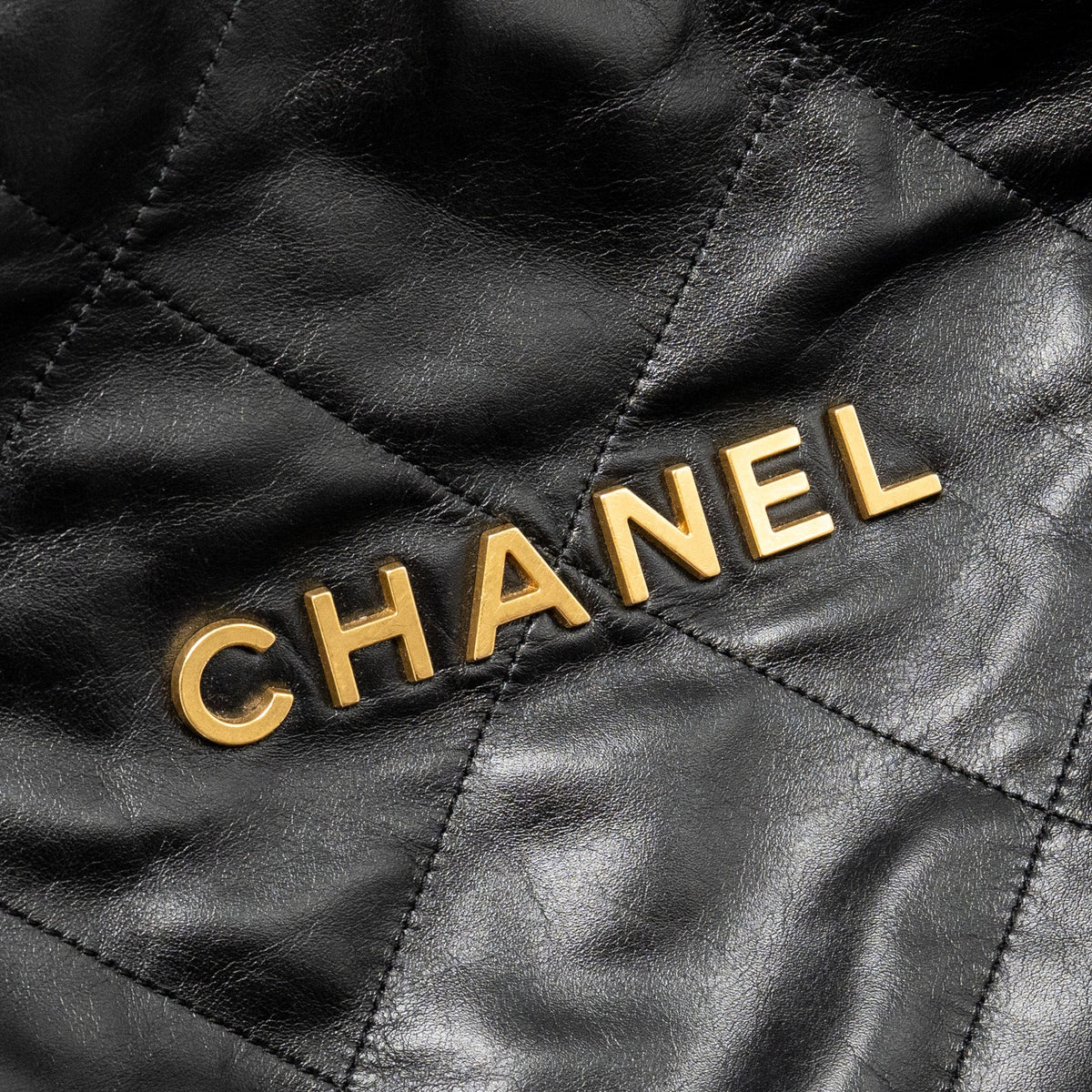 CHANEL SMALL 22 BAG GOLD LETTER SHINY CALFSKIN BLACK GHW (MICROCHIP)