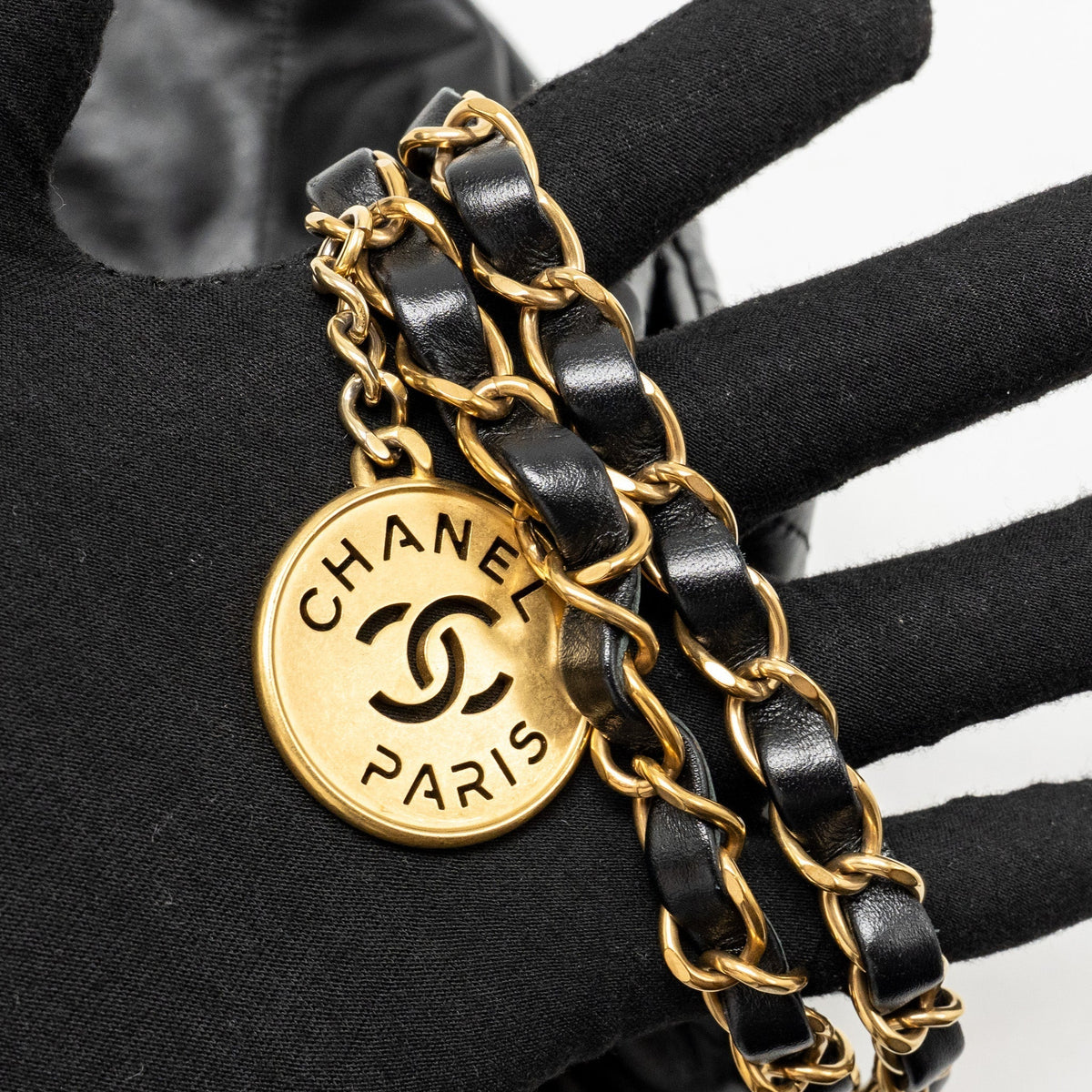 CHANEL SMALL 22 BAG GOLD LETTER SHINY CALFSKIN BLACK GHW (MICROCHIP)