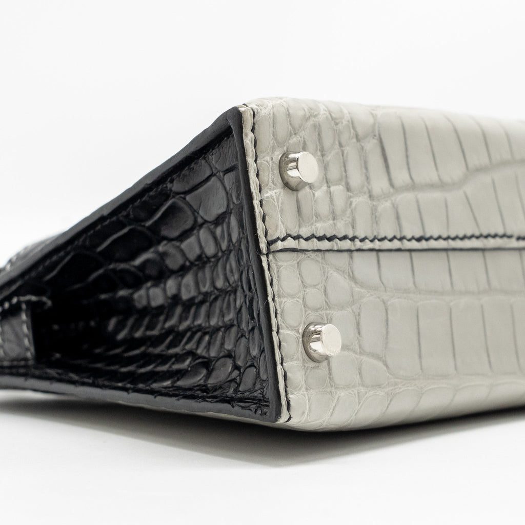 Hermes Mini Kelly II Alligator Mississippiensis Matt Gris Perle / black SHW