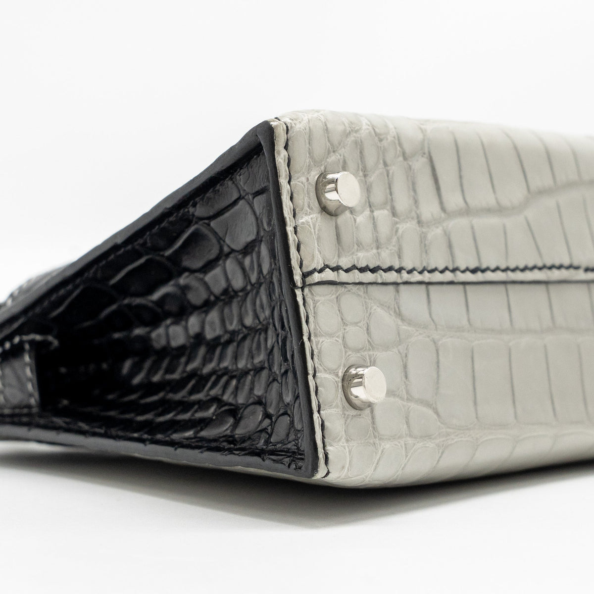 Hermes Mini Kelly II Alligator Mississippiensis Matt Gris Perle / black SHW