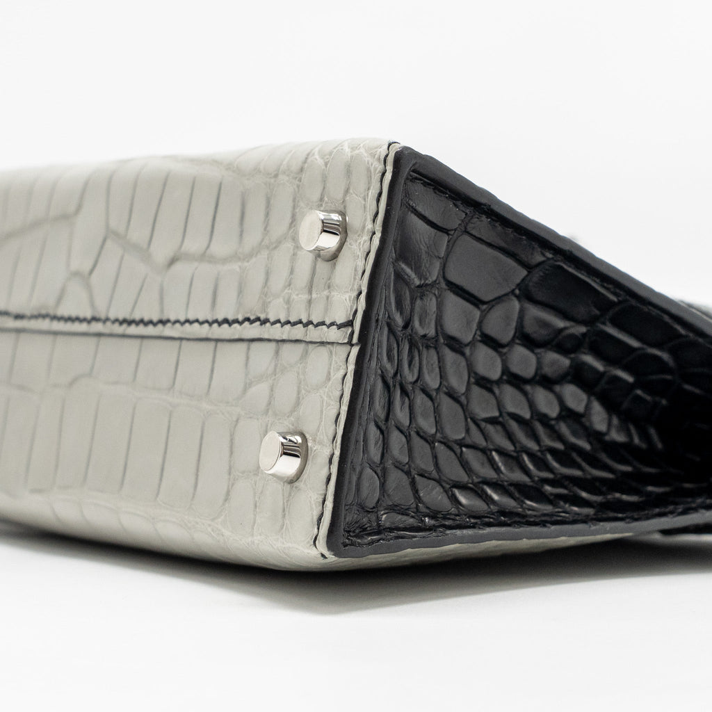 Hermes Mini Kelly II Alligator Mississippiensis Matt Gris Perle / black SHW