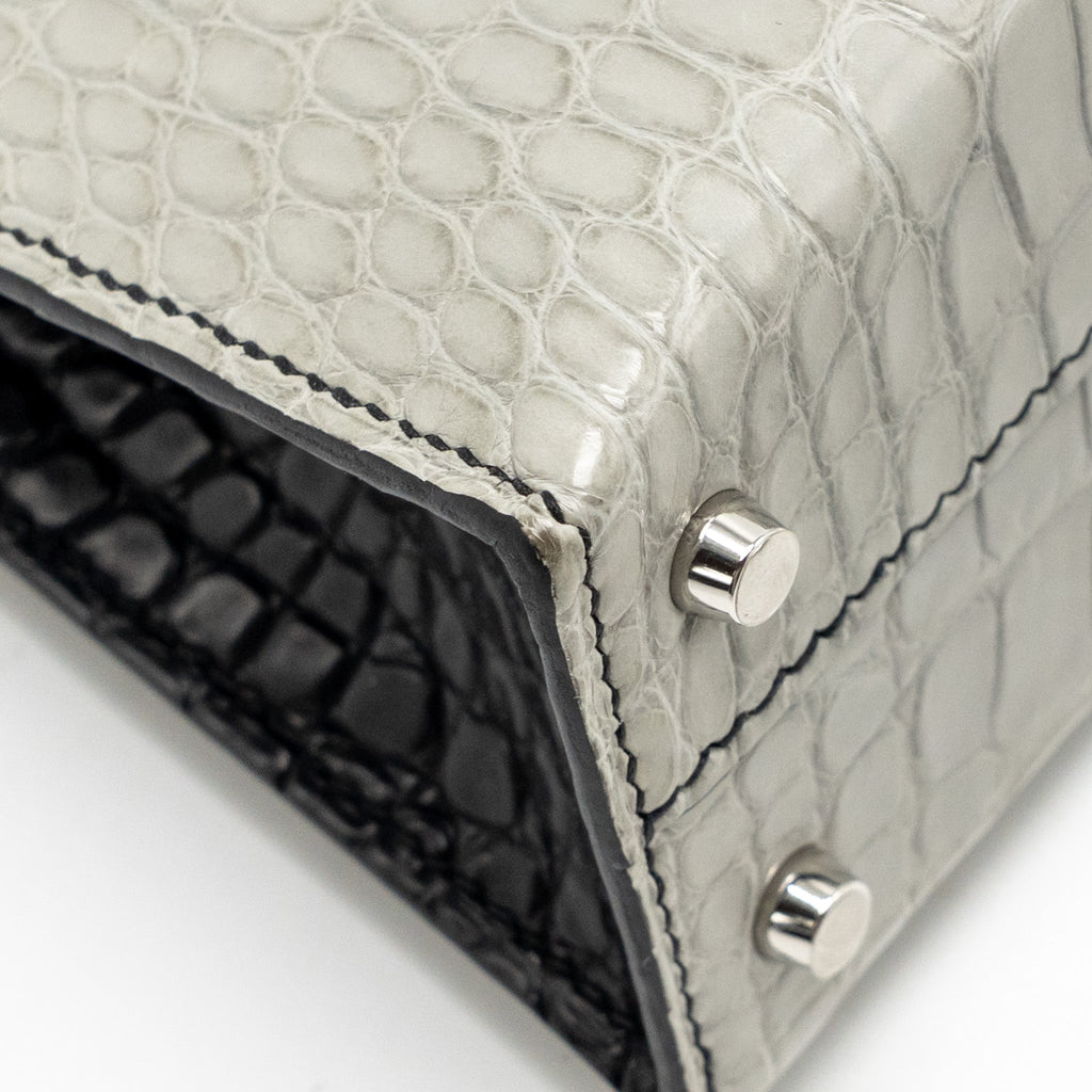 Hermes Mini Kelly II Alligator Mississippiensis Matt Gris Perle / black SHW