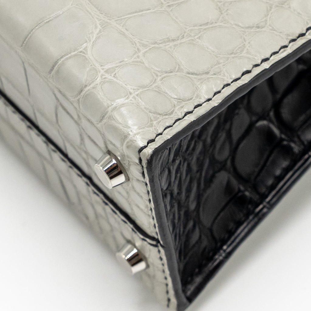 Hermes Mini Kelly II Alligator Mississippiensis Matt Gris Perle / black SHW