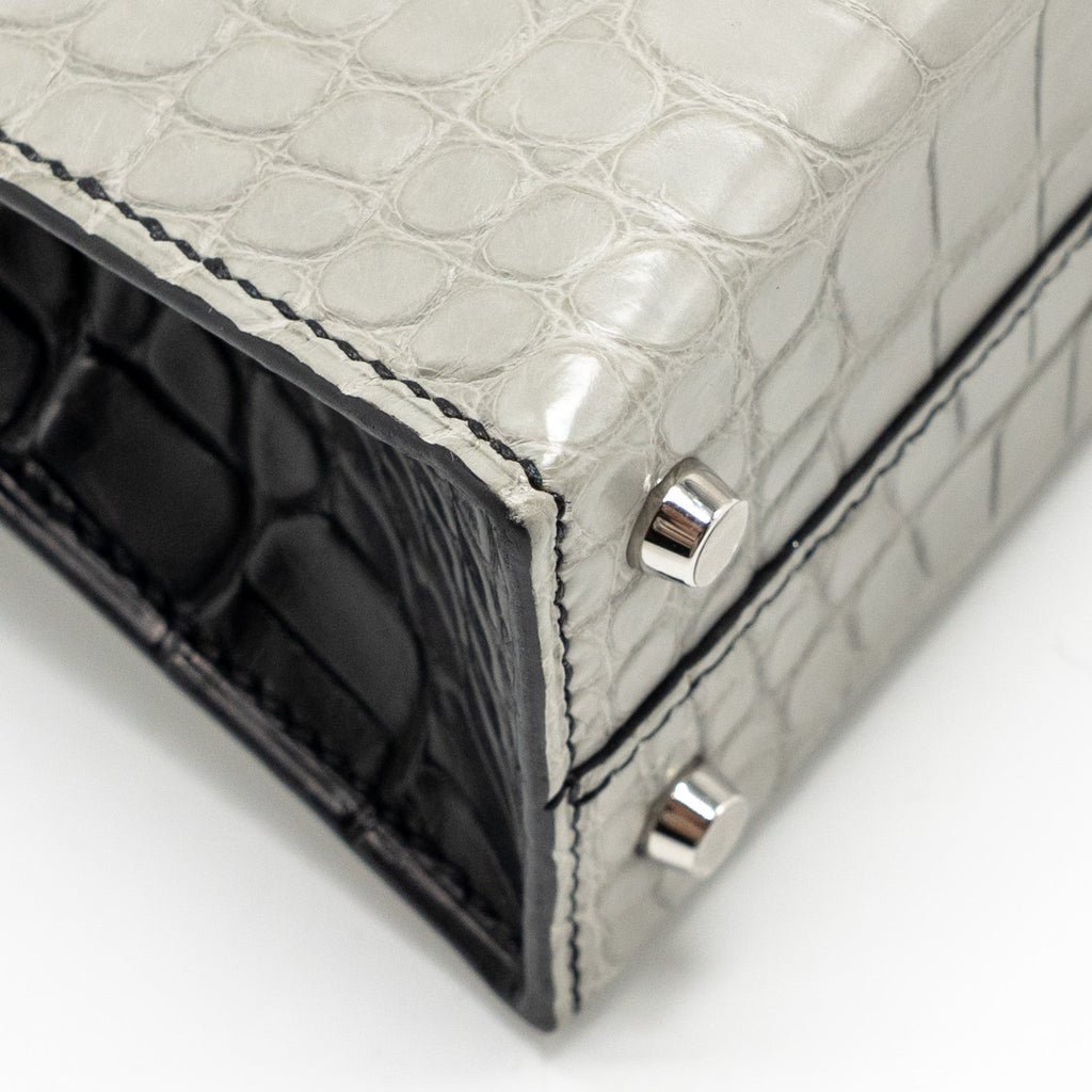 Hermes Mini Kelly II Alligator Mississippiensis Matt Gris Perle / black SHW