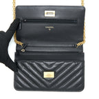 CHANEL 2.55 REISSUE WALLET ON CHAIN CHEVRON AGED CALFSKIN BLACK BRUSHED GHW (MICROCHIP)
